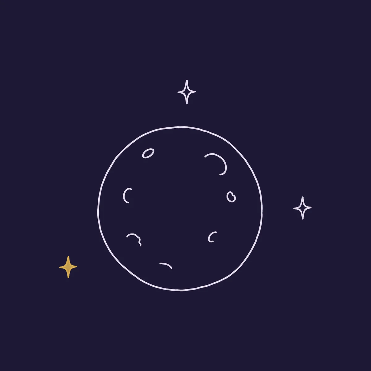 A hand-drawn full moon in a single lavender line, with two small stars and one gold star
