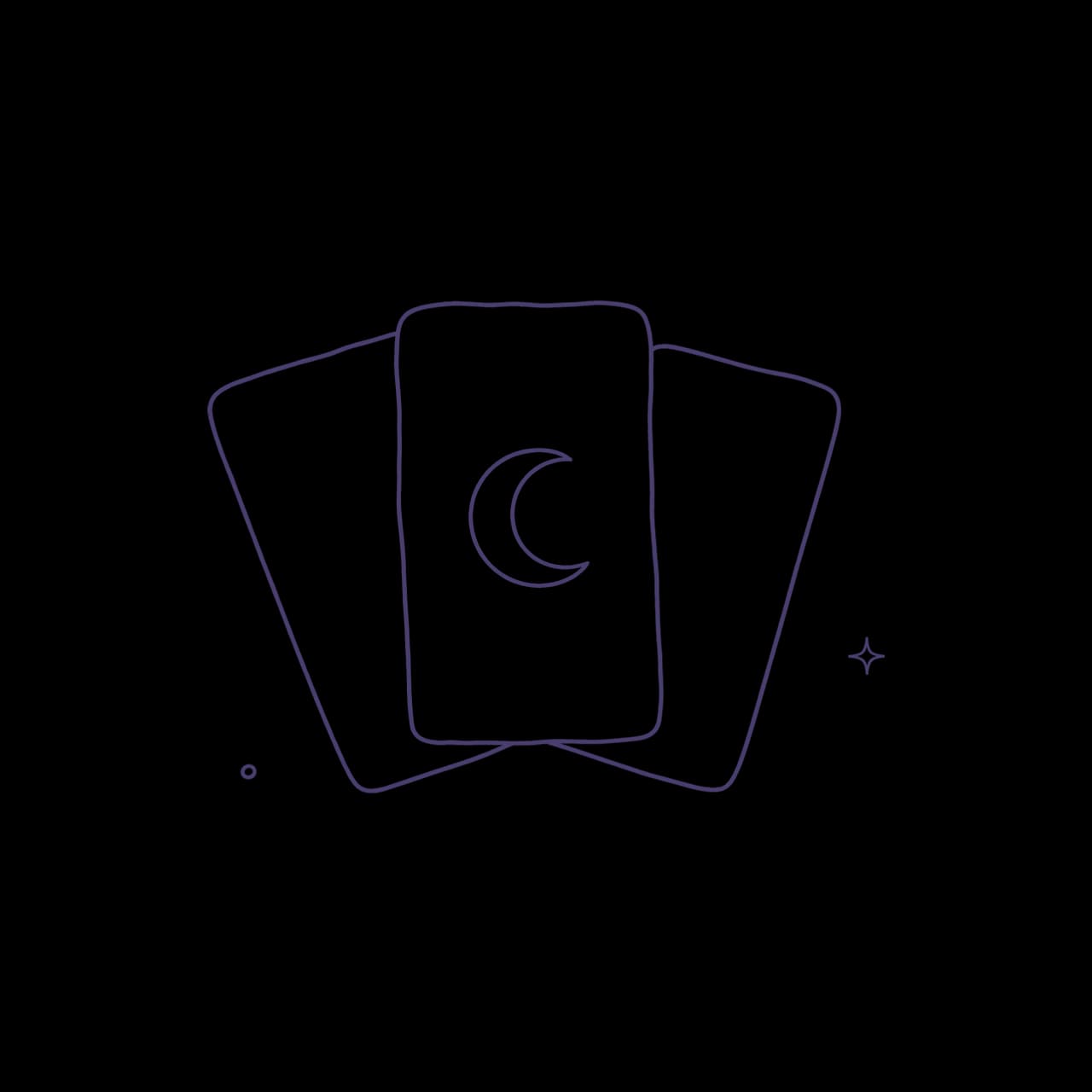 Three hand-drawn tarot cards fanned, the middle one raised with a crescent moon